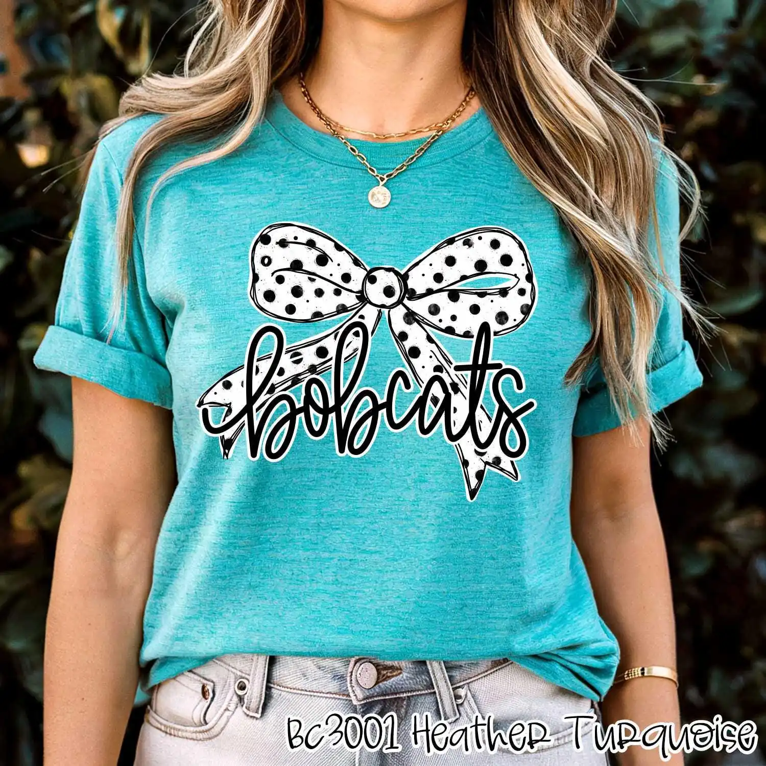 Bobcats Custom spirit t-shirt, mascot team Spirit wear for baseball, football, polka dot bow, great for teachers, Back to school, mom shirt