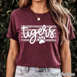 TIGERS on stripes spirit t-shirt, mascot team Spirit wear for baseball, baseball mom shirt, football shirt, teacher shirt