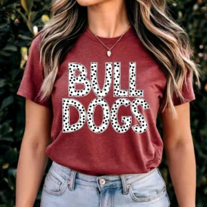 BULLDOGS team spirit mascot shirt, Spirit wear for baseball, football, polka dot, great for teachers, Back to school, mom shirt, Mothers Day