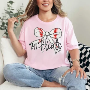 WILDCATS baseball, team spirit mascot shirt, Spirit wear for baseball, baseball bow, polka dot, great for teachers, baseball mom shirt