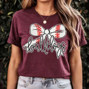 BULLDOGS baseball, team spirit mascot shirt, Spirit wear for baseball, baseball bow, polka dot, great for teachers, baseball mom shirt
