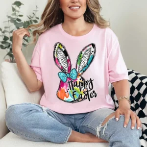 Happy Easter flower bunny shirt, Easter shirt, Bunny with bow t-shirt, Easter t-shirt, Mama bunny Easter t-shirt