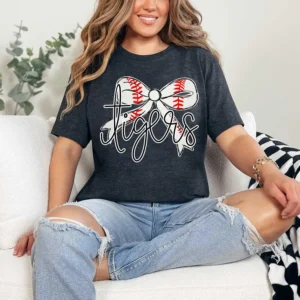 TIGERS baseball, team spirit mascot shirt, Spirit wear for baseball, baseball bow, polka dot, great for teachers, baseball mom shirt