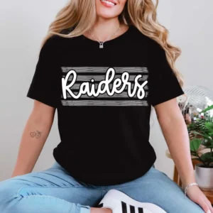 RAIDERS on stripes spirit t-shirt, mascot team Spirit wear for baseball, baseball mom shirt, football shirt, teacher shirt