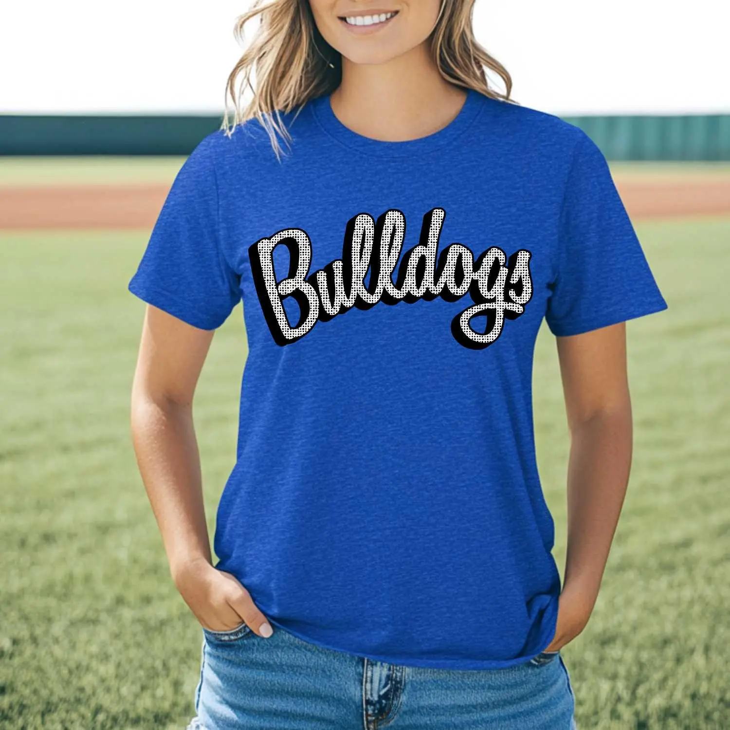 BULLDOGS polka dot script t-shirt, mascot team Spirit wear for baseball, football, great for teachers, Back to school, mascot apparel