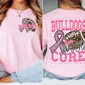 Bulldogs for the cure pink ribbon t-shirt, mascot team apparel, Spirit wear for football, cancer awareness t-shirt, mom shirt