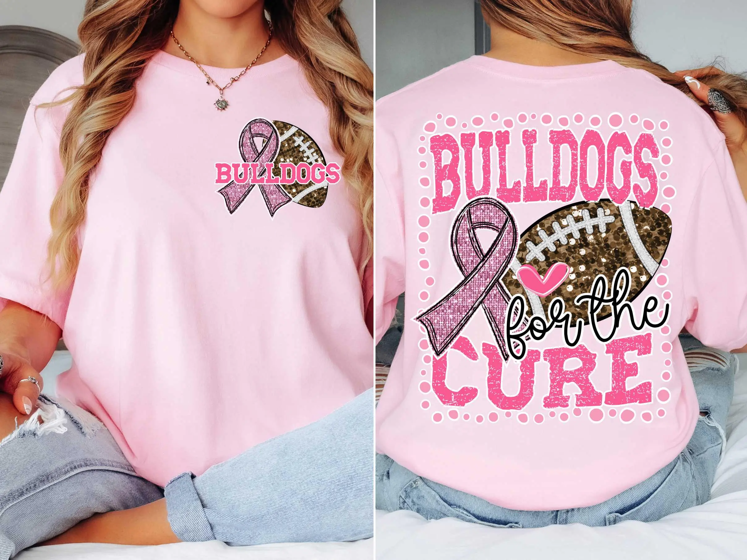 Bulldogs for the cure pink ribbon t-shirt, mascot team apparel, Spirit wear for football, cancer awareness t-shirt, mom shirt