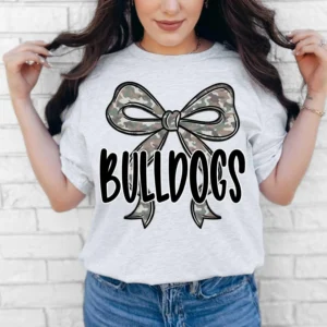 BULLDOGS camo print bow Custom spirit t-shirt, mascot team Spirit wear for baseball, football, great for teachers, Back to school, mom shirt
