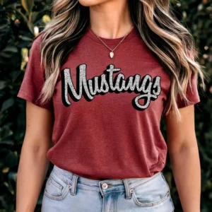 MUSTANGS polka dot script t-shirt, mascot team Spirit wear for baseball, football, great for teachers, Back to school, mascot apparel